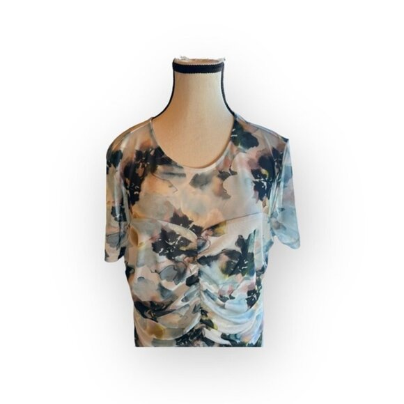 🆕 NWT Torrid 1 2 3 Watercolor Stretch Mesh Neck Ruched Top 14 16 18 20 22 24 - Picture 14 of 16